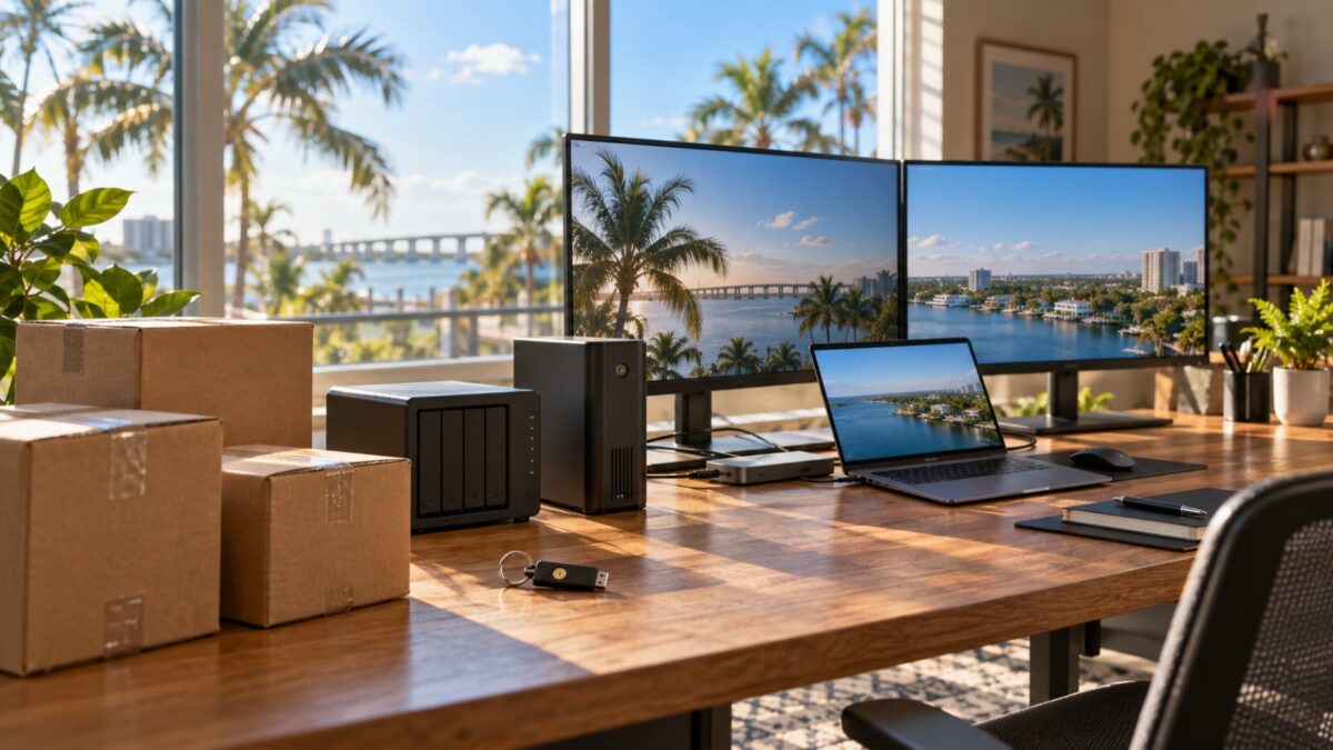Prime Day office IT deals: shipping boxes, a UPS, a network storage box and a docked laptop on a Fort Myers office desk