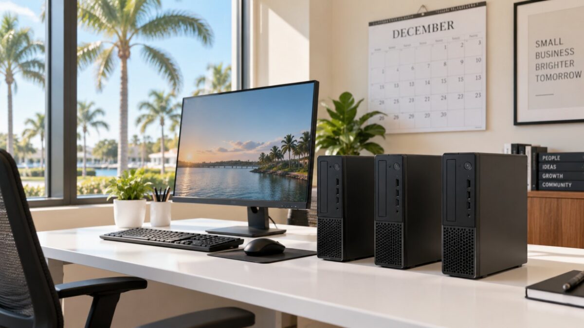 Three compact refurbished business desktops on a Fort Myers office desk with a December calendar