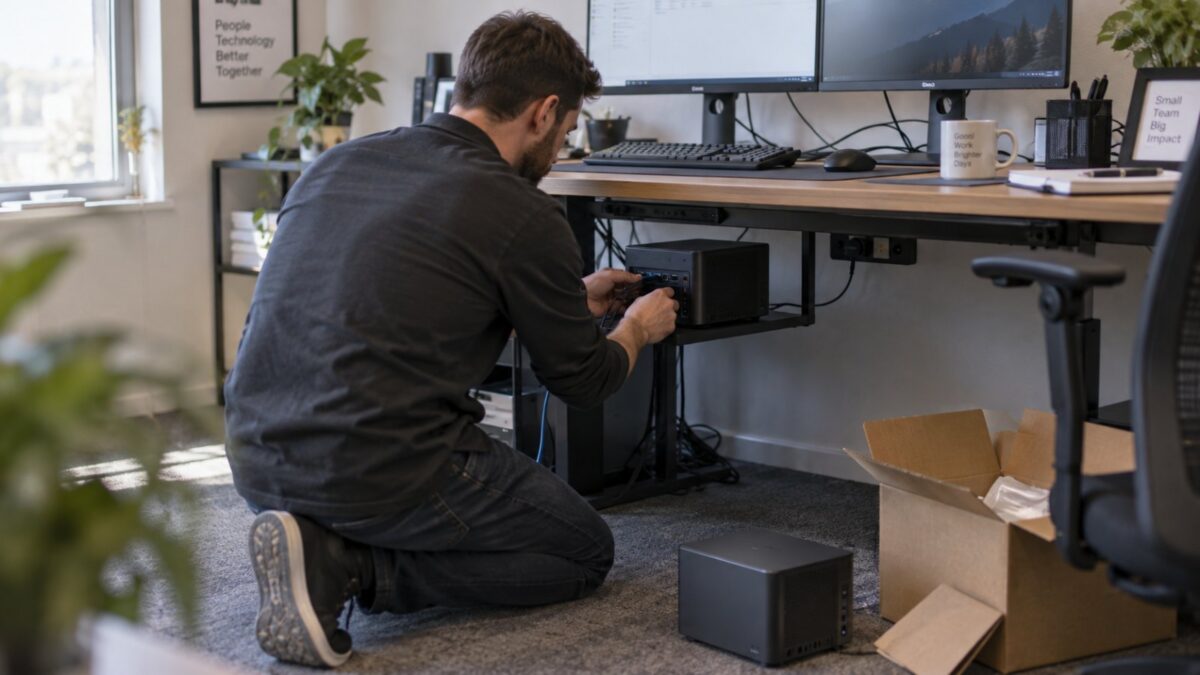 IT technician installing a refurbished business desktop under an office desk in Fort Myers