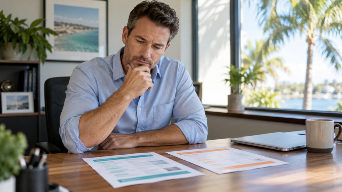 Small business owner in Fort Myers FL comparing two endpoint protection quotes before choosing Malwarebytes Teams vs Bitdefender