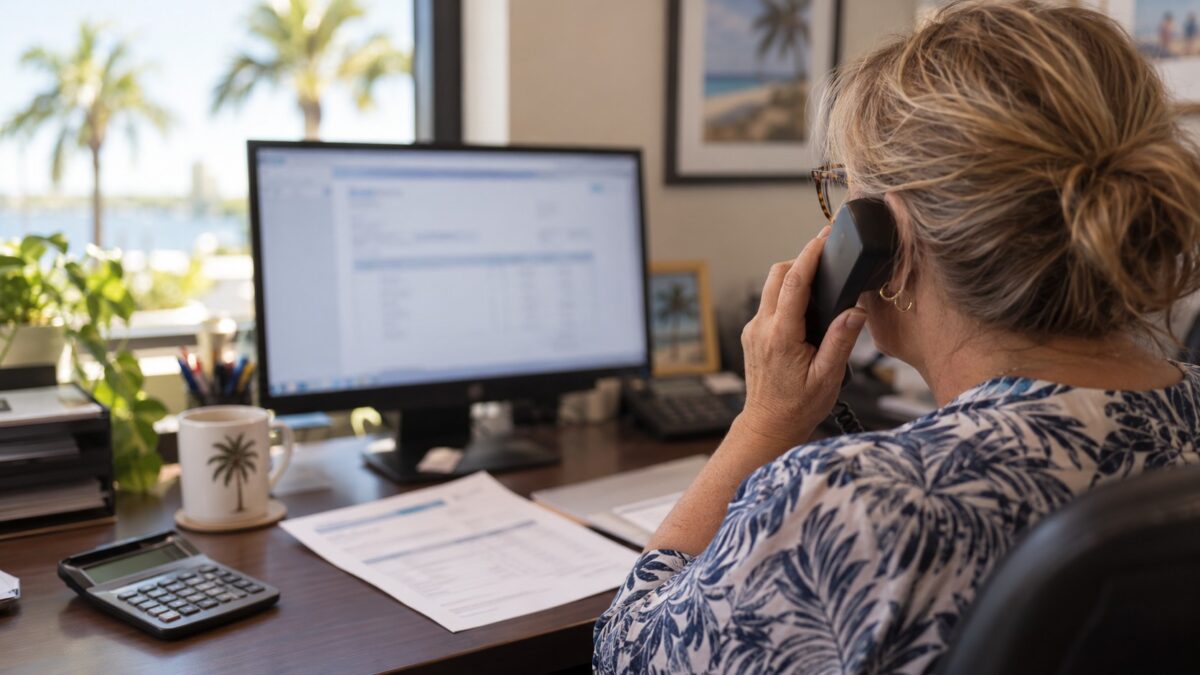 Bookkeeper on a desk phone verifying invoice payment details, an email security step Fort Myers businesses should require