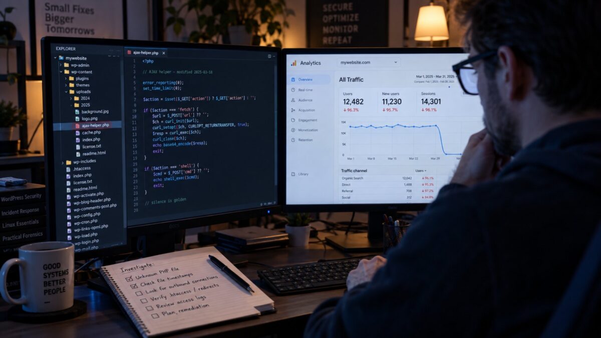 IT technician reviewing WordPress files for a backdoor during a hacked WordPress site cleanup in Fort Myers, traffic graph dropping on second monitor