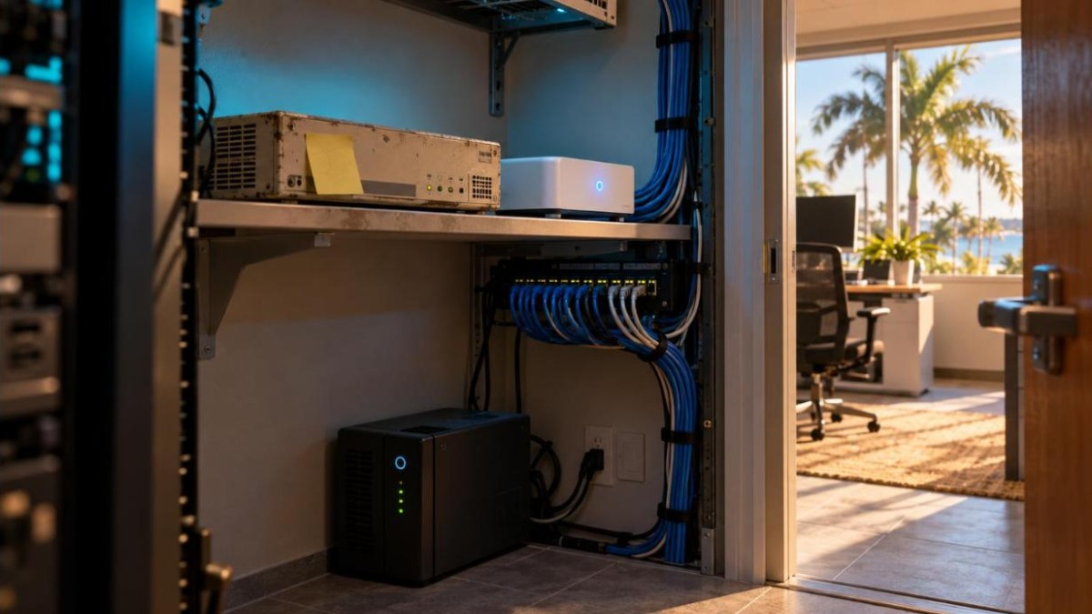 Old firewall next to a new network gateway in a Fort Myers office closet, firewall replacement Fort Myers