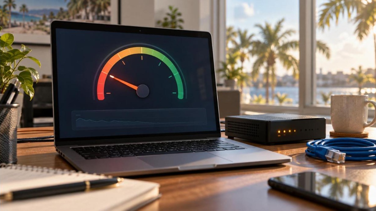 Laptop speed test stuck low next to an older firewall on a Fort Myers office desk