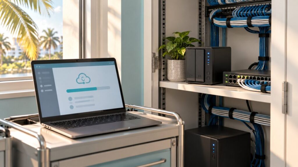 Network closet in a Fort Myers medical office with a two bay NAS and a laptop running a backup restore