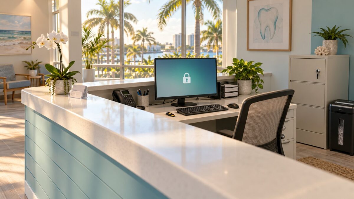 HIPAA IT checklist for a Fort Myers dental office front desk with locked screen, security key and shredder