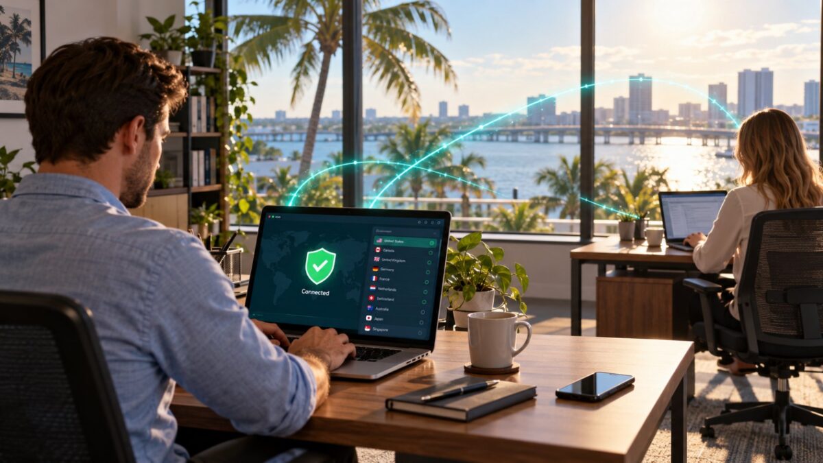 NordVPN vs Surfshark comparison: two employees on VPN connected laptops in a Fort Myers office with palm trees outside