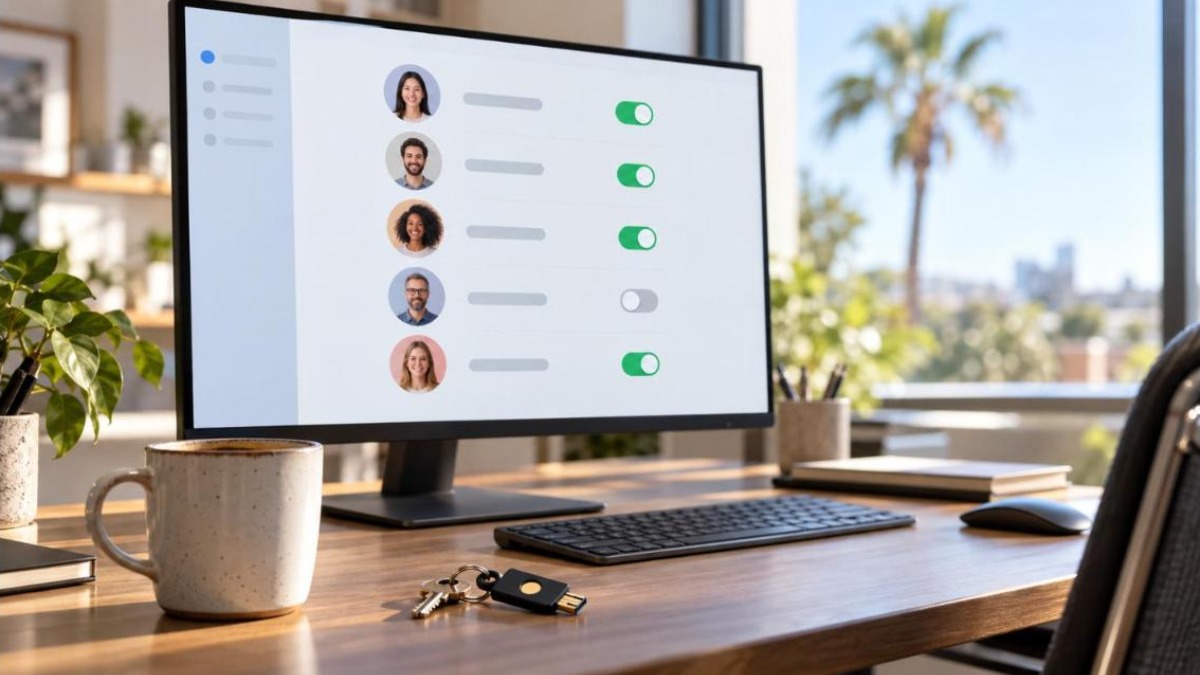 Monitor showing a team password manager admin screen with five users, one access toggle switched off, and a YubiKey on the desk