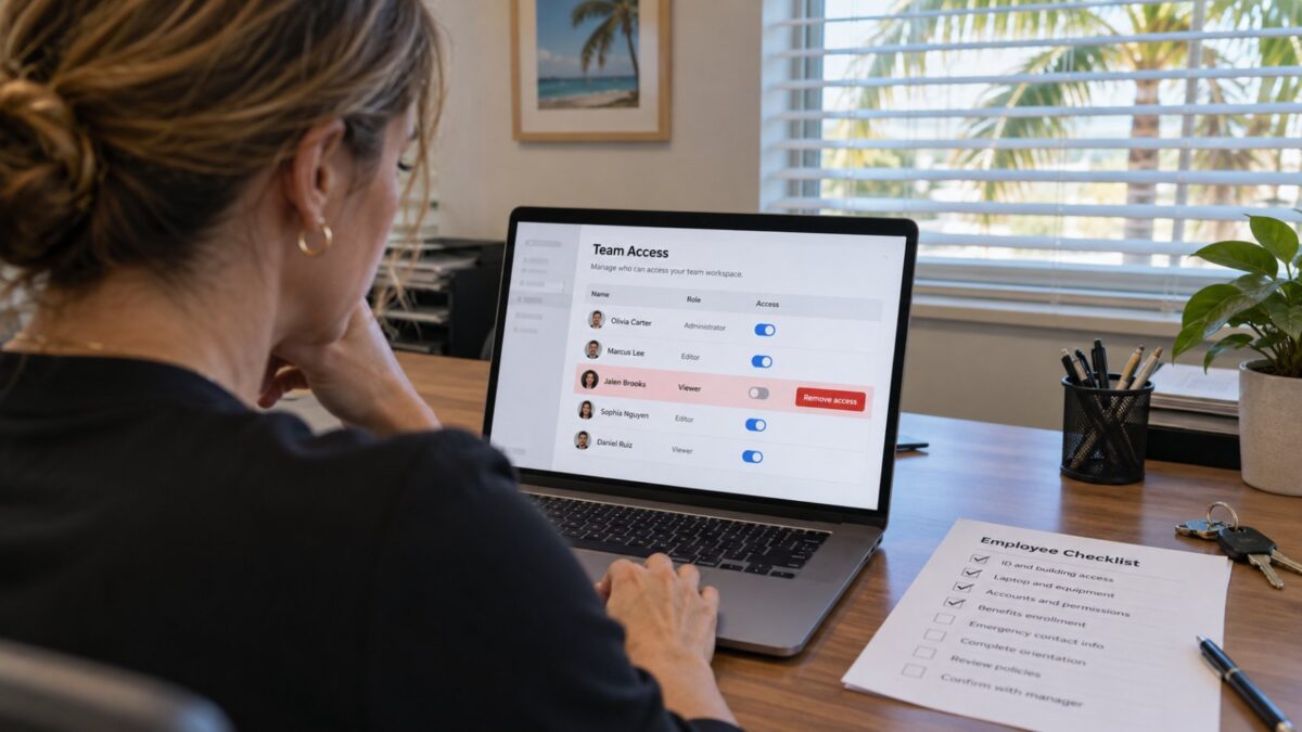 Office manager in a Fort Myers office removing a former employee from a team VPN admin panel, NordVPN vs Surfshark team plans